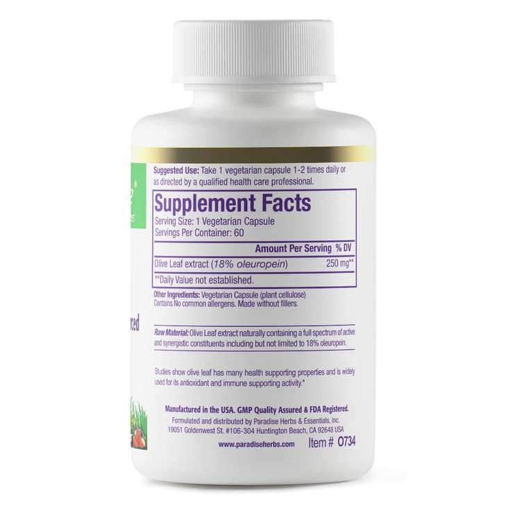 Paradise Herbs Olive Leaf Extract from Spanish Andalusian Olive Trees, Super Potent, Ultra Pure, Non-GMO, Vegan, Gluten Free, 60 Vegetarian Capsules online at globaldelivered
