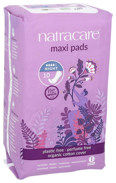 Natracare Natural Traditional Style Night Time Maxi Pads, Individually Wrapped, Without Wings in Plant-Based Bag (1 Pack, 10 Pads Total)