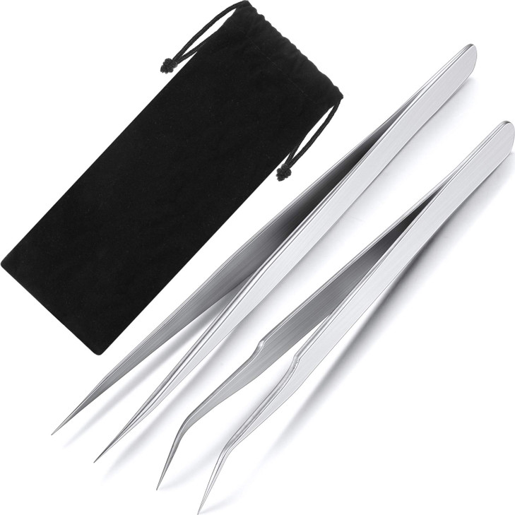 2 Pieces Straight and Curved Tip Tweezers Eyelash Extension Tweezers Stainless Steel False Lash Application Tools Silver