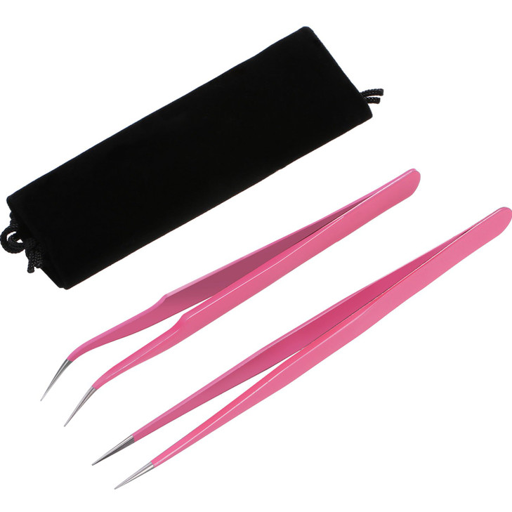 Hotop 2 Pieces Straight and Curved Tip Tweezers Eyelash Extension Tweezers Stainless Steel False Lash Application Tools