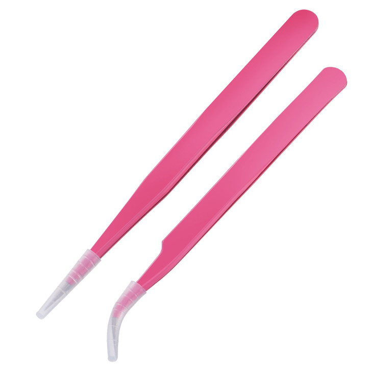 Hotop 2 Pieces Straight and Curved Tip Tweezers Eyelash Extension Tweezers Stainless Steel False Lash Application Tools