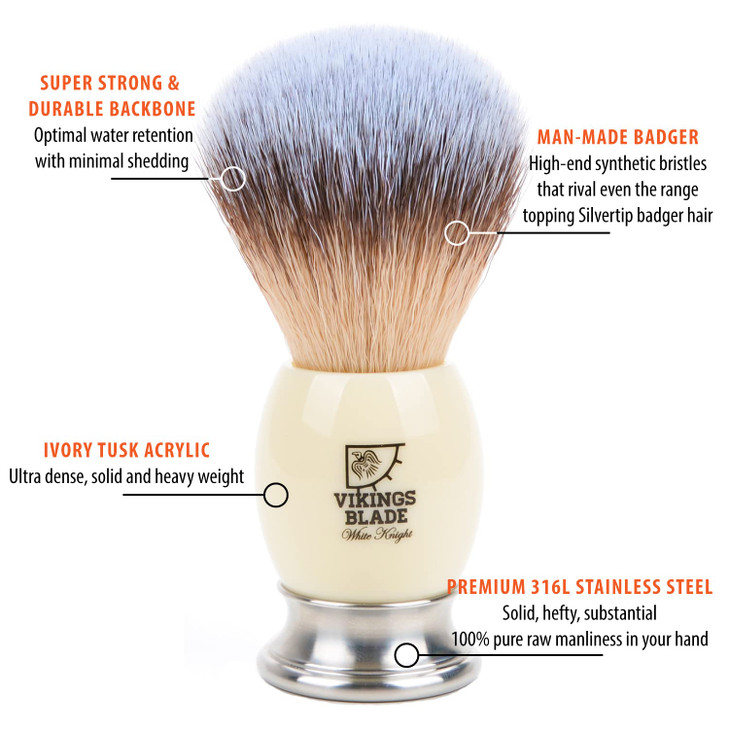 Luxury Shaving Brush for Men by VIKINGS BLADE Ultra Heavy Acrylic 316L Steel Handle Super Strong Knot Backbone Minimal S