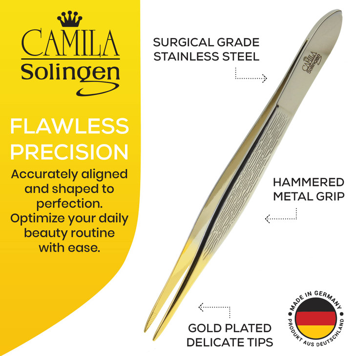 Camila Solingen CS32 3 12 Gold Tipped Surgical Grade German Stainless Steel Tweezers Pointed Flawless Eyebrow and Facial