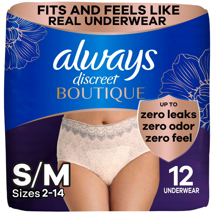 Always Discreet Boutique Incontinence and Postpartum Underwear for Women Maximum Protection SmallMedium Rosy 12 Count