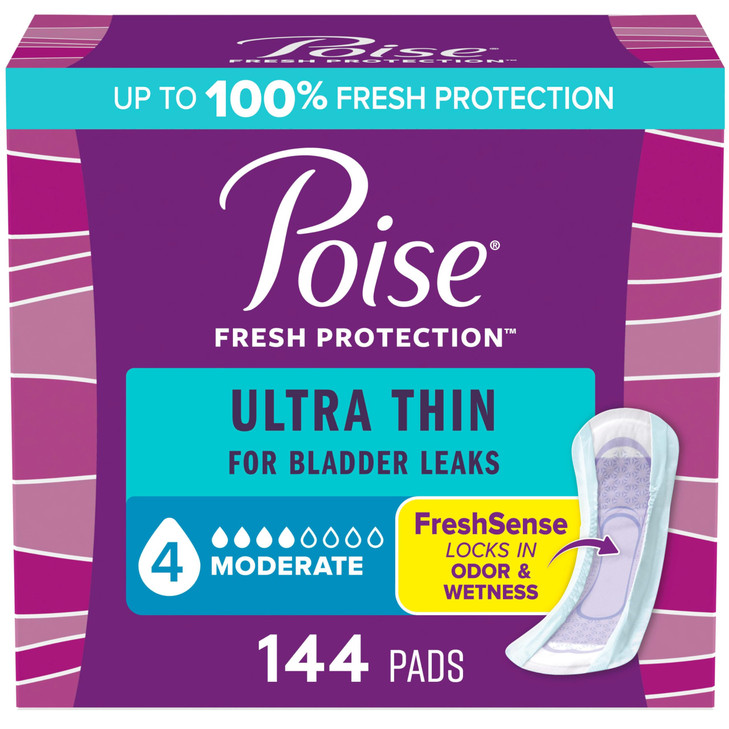 Poise Ultra Thin Incontinence Pads Postpartum Pads for Bladder Leaks 4 Drop Moderate Absorbency Regular Length 144 Count