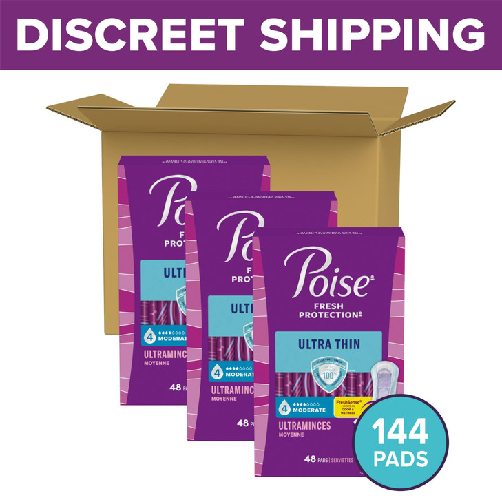 Poise Ultra Thin Incontinence Pads Postpartum Pads for Bladder Leaks 4 Drop Moderate Absorbency Regular Length 144 Count