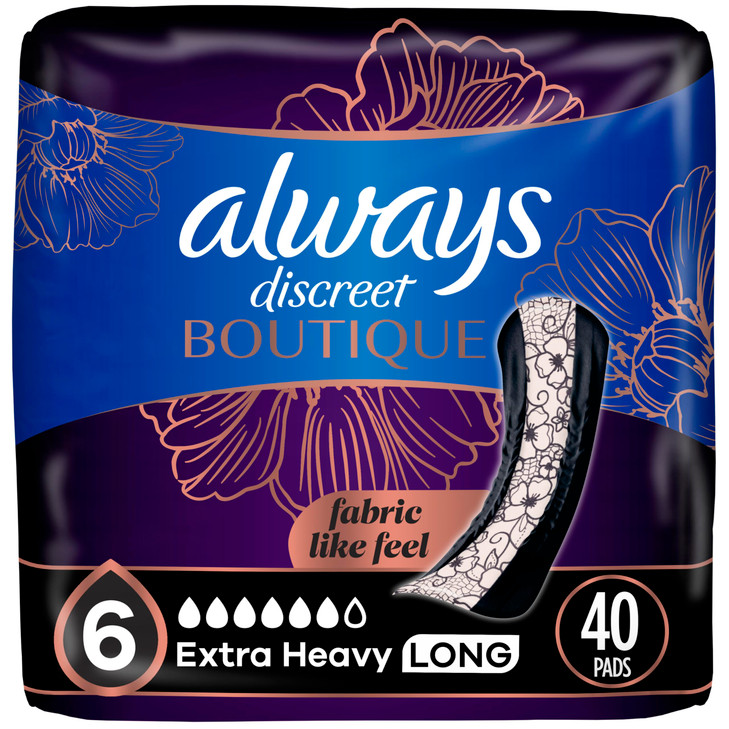Always Discreet Boutique Incontinence Pads for Bladder Leaks Extra Heavy Absorbency Long Length 40 Count 2 Packs of 20