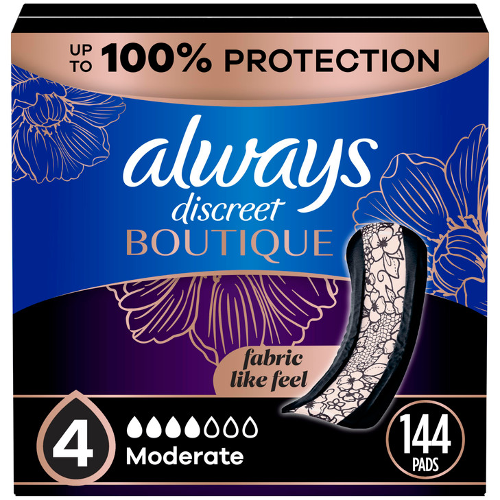 Always Discreet Boutique Incontinence Pads for Bladder Leaks Moderate Absorbency Regular Length 144 Count 3 Packs of 48