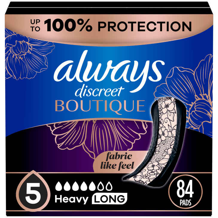 Always Discreet Boutique Adult Incontinence Postpartum Pads For Women Size 5 Heavy Long Abondant longues 28 Count x 3 Pa