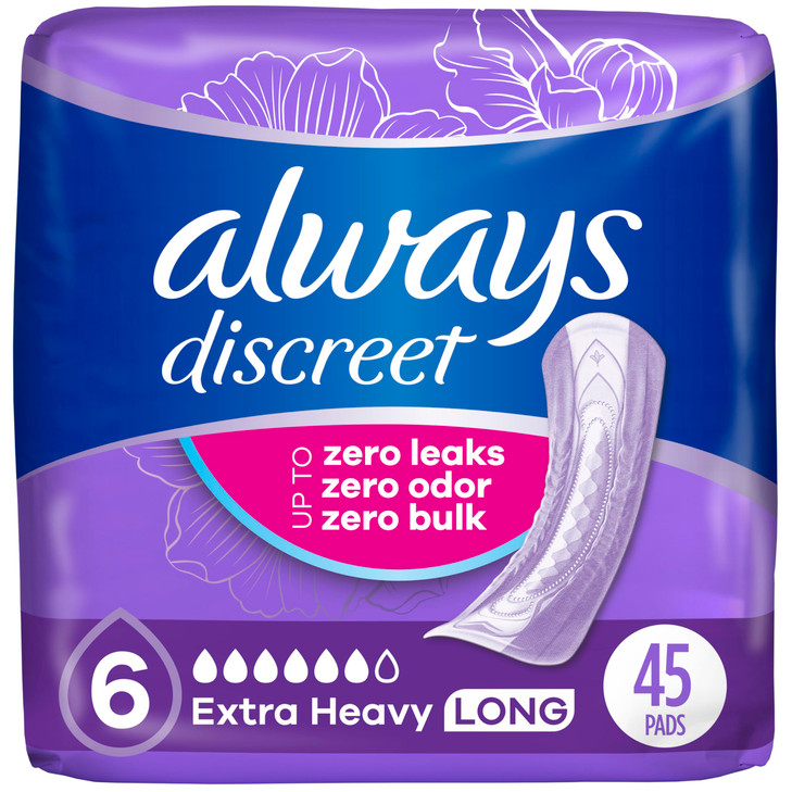 Always Discreet Adult Incontinence Pads for Women Extra Heavy Absorbency Long Length Postpartum Pads 45 Count