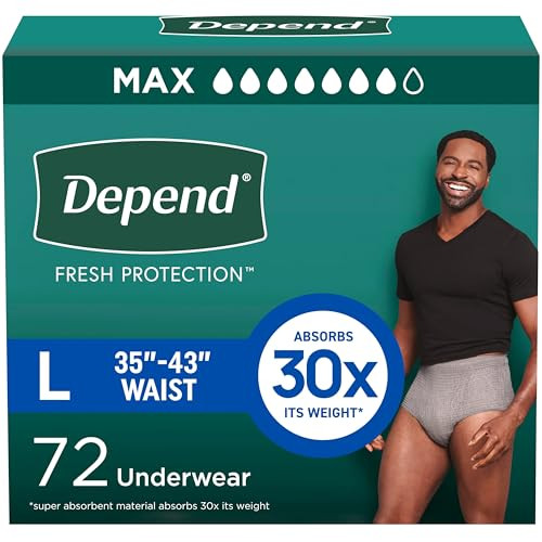 Depend Fresh Protection Adult Diapers Incontinence Underwear for Men Disposable Maximum Large Grey 72 Count 2 Packs of 3