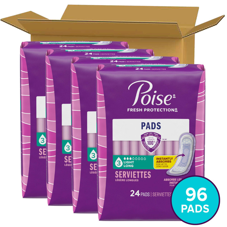 Poise Incontinence Pads Postpartum Incontinence Pads 3 Drop Light Absorbency Long Length 96 Count 4 Packs of 24 Packagin