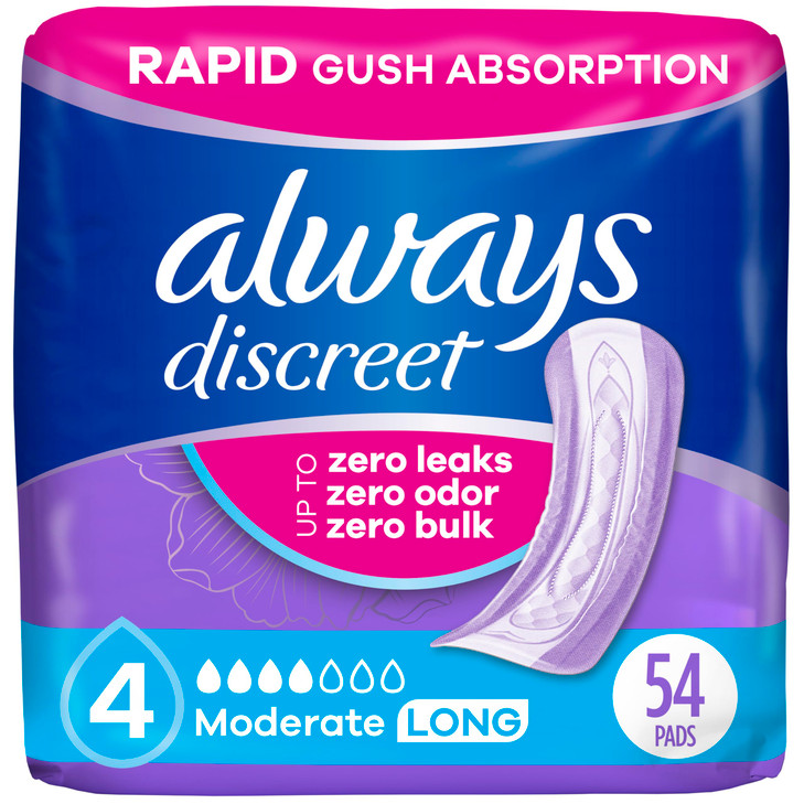 Always Discreet Adult Incontinence Pads for Women Moderate Absorbency Long Length Postpartum Pads 54 Count