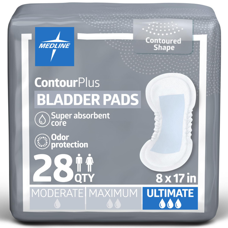 Medline ContourPlus Bladder Control Pads Ultimate Absorbency 8 x 17 Inches Bag of 28