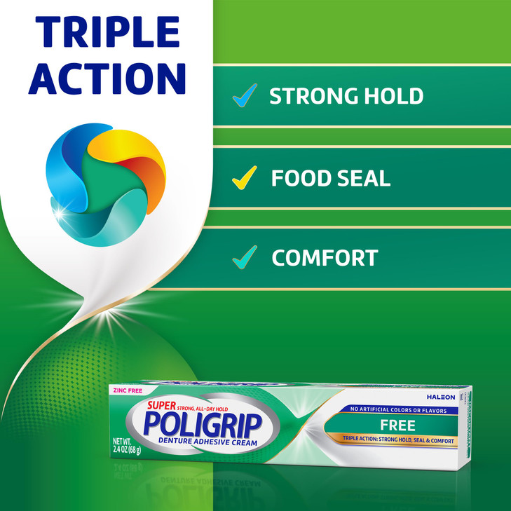 Super Poligrip Zinc Free Denture and Partials Adhesive Cream 24 ounce Pack of 4