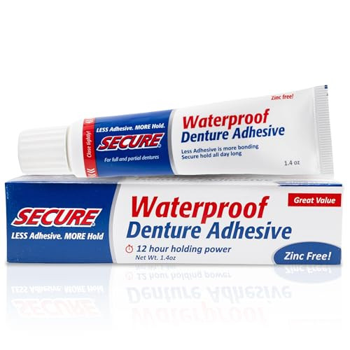 Secure Denture Adhesive Cream for Uppers Lowers Partials Waterproof Seal Zinc Free Food Grade Ingredients Less Adhesive