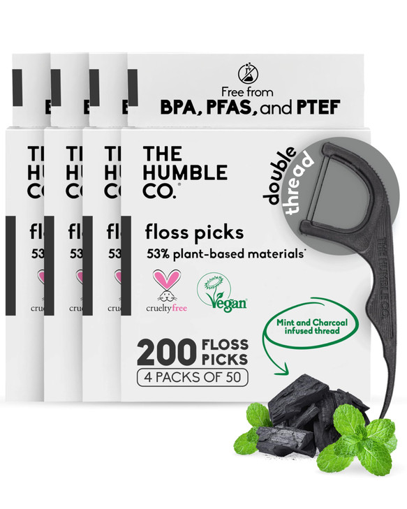 The Humble Co Floss Picks 200 Count Plant Based Dental Floss Picks for Superior Oral Care Dental Hygiene and Gum Health