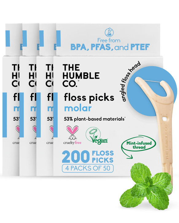 The Humble Co Molar Floss Picks for Teeth 200 Count Mint Angled Dental Flossers with Extended Reach for Molars Back Teet