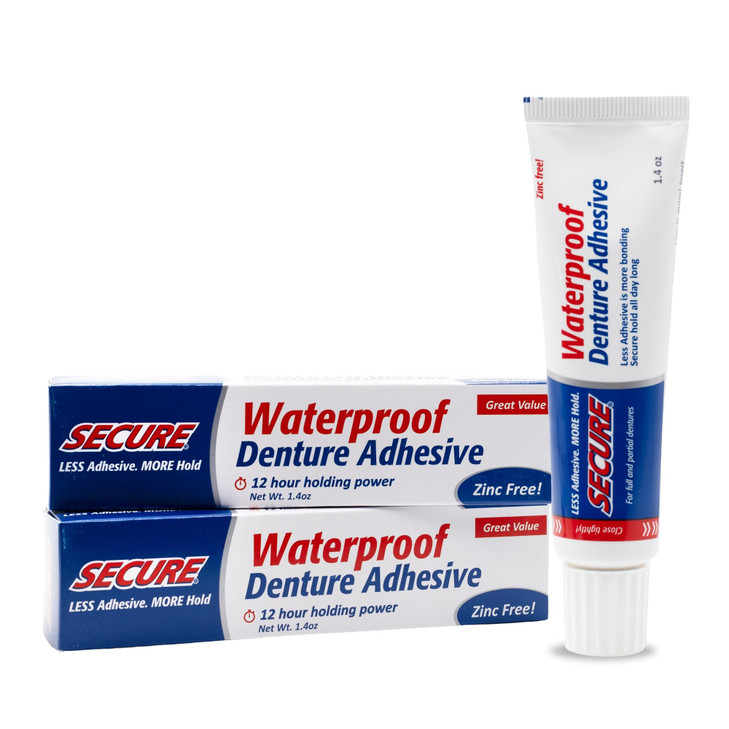 Secure Denture Adhesive Cream for Uppers Lowers Partials Waterproof Seal Zinc Free Food Grade Ingredients Less Adhesive