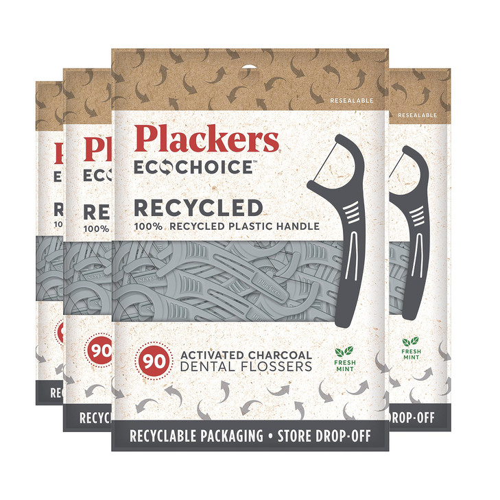 Plackers Ecochoice Activated Charcoal Recycled Dental Flossers 90 Count Pack of 4