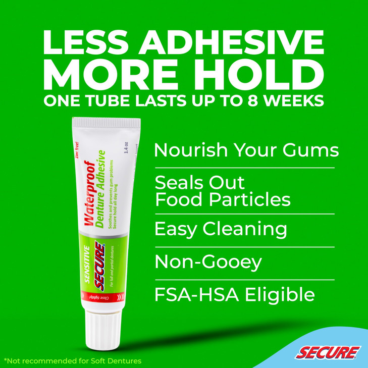 Secure Sensitive Denture Adhesive with Aloe Vera Myrrh to Nourish Your Gums Uppers Lowers Partials Waterproof Zinc Free