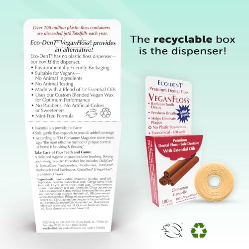 EcoDent VeganFloss Dental Floss Waxed Cinnamon Floss with Vegan PlantBased Wax Recyclable Cardboard Packaging 100 Yds Pa