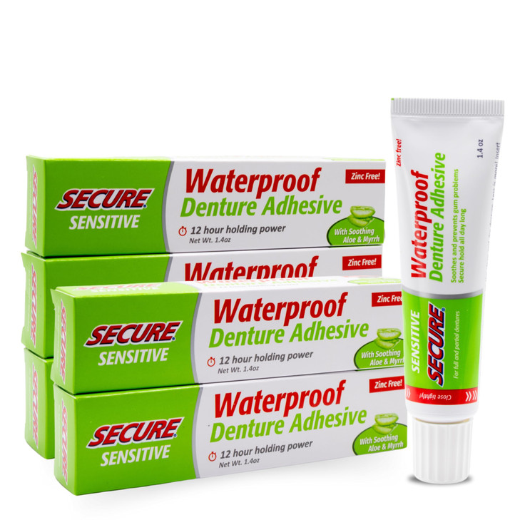 Secure Sensitive Denture Adhesive with Aloe Vera Myrrh to Nourish Your Gums Uppers Lowers Partials Waterproof Zinc Free