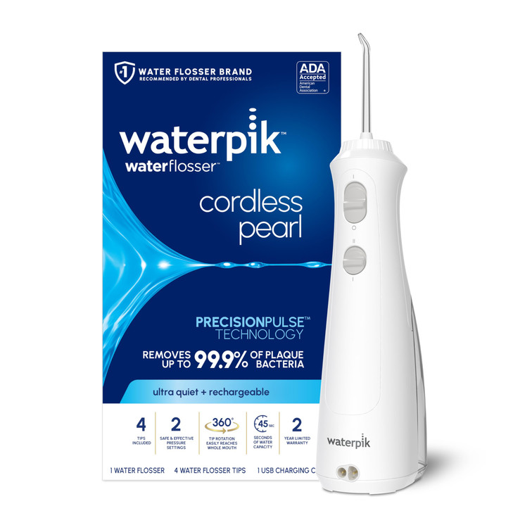 Waterpik Cordless Pearl Rechargeable Portable Water Flosser for Teeth Gums Braces Care and Travel with 4 Flossing Tips A