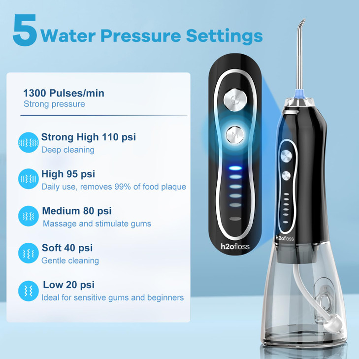 H2ofloss Water Dental Flosser Teeth Pick Portable Oral Irrigator with 5 Modes Rechargeable IPX7 Waterproof Orthodontic T