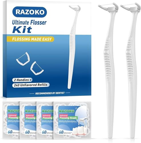 RAZOKO Dental Flosser Kit Extra Strong ShredResistant Floss for Hard to Reach Areas PTFE PFAS Free 2 Handles 240 Refill