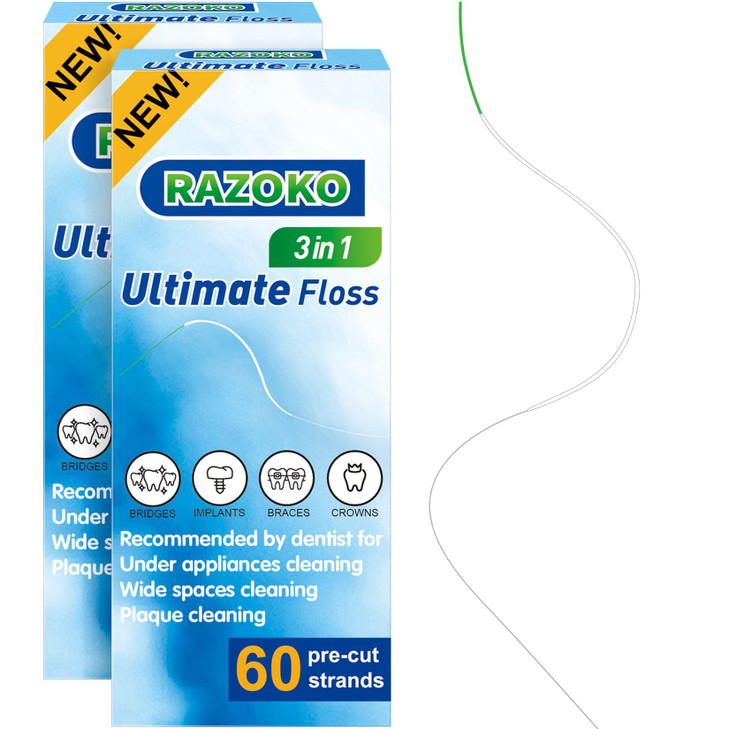 RAZOKO 3in1 Floss for Braces 120 PreCut Strands Floss Threaders Spongy Regular Floss for Bridges Wide Gaps