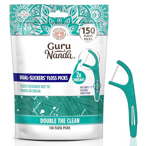 GuruNanda Dual Slickers Floss Picks Double Threaded Dyneema Dental Floss with Foldable Toothpick for Effective Plaque Re