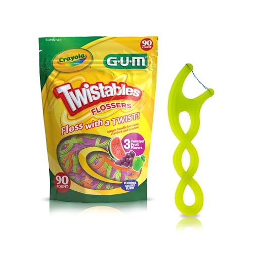 GUM Crayola Twistables Kids Flossers with Fluoride Designed for Little Hands Three Fun Fruit Flavors Easy to Use Kids Fl