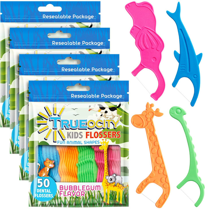 Kids Flossers 4 Pack 200 Count Fun AnimalShaped Floss Picks for Kids Bubble Gum Flavor Easy Glide Between Teeth Helps Pr