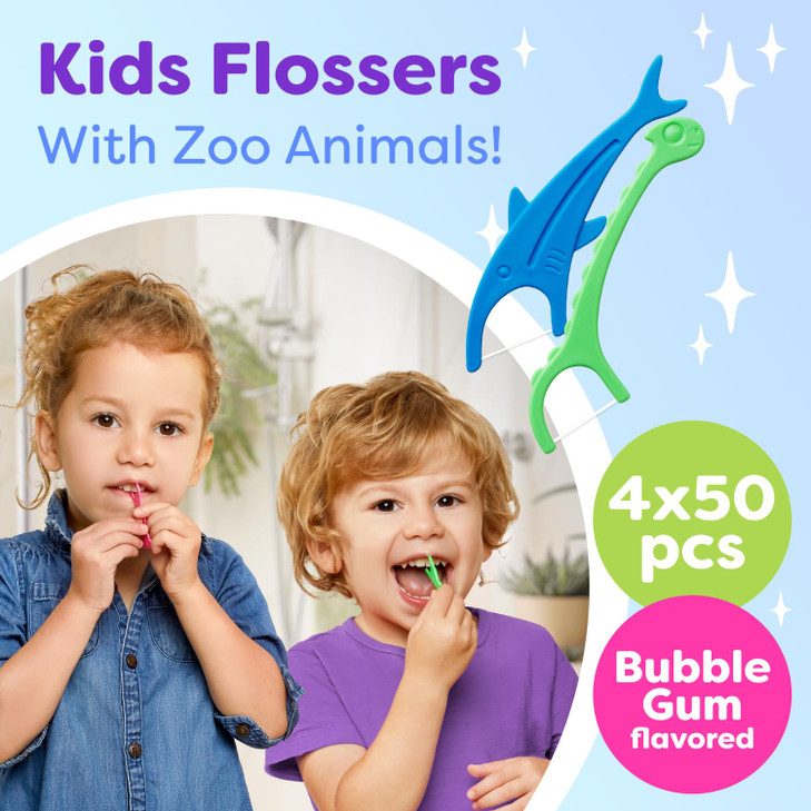 Kids Flossers 4 Pack 200 Count Fun AnimalShaped Floss Picks for Kids Bubble Gum Flavor Easy Glide Between Teeth Helps Pr