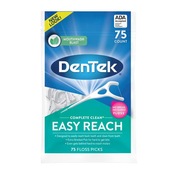 DenTek Complete Clean Easy Reach Floss Picks Advanced Fluoride Coating Mouthwash Blast Flavor 75 ct Pack of 4