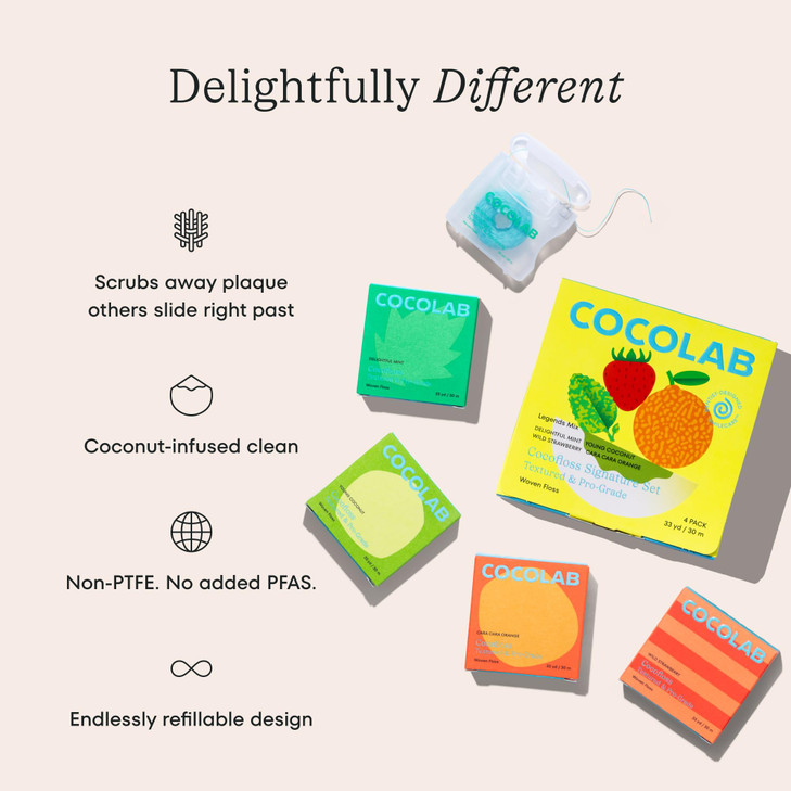 Cocofloss Woven Dental Floss DentistDesigned Oral Care Waxed Vegan KidFriendly with Coconut Oil 4Pack of Mint Coconut Or