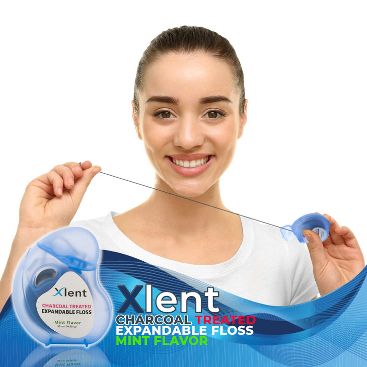 Expandable Floss Treated with Activated Charcoal with Xylitol and Natural Plant Based Wax Fresh Mint Flavor 50 Meter 6 C