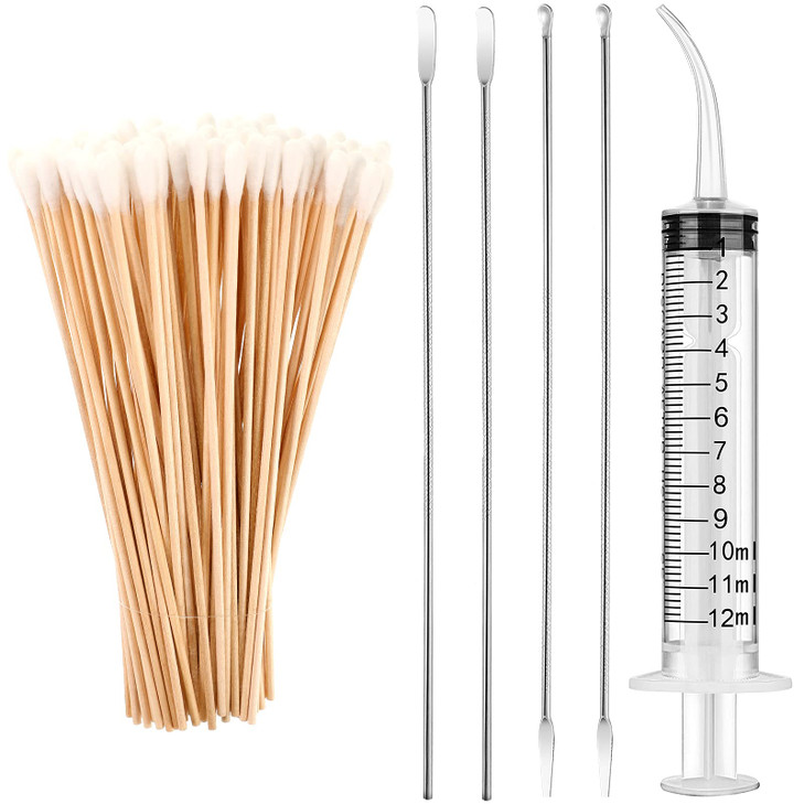 Tonsil Stone Removal Set Includes 4 Stainless Steel Tonsil Stone Removal Tools and 100 Long Swabs with 1 Curved Irrigato