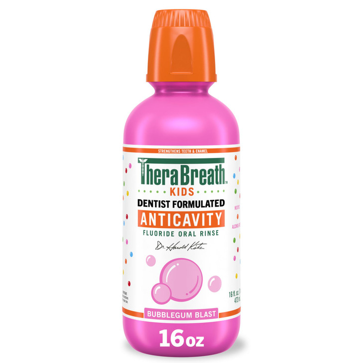 TheraBreath Kids Anticavity Fluoride Oral Rinse Strengthens Teeth Enamel Alcohol Free Dye Free Certified Organic Bubbleg