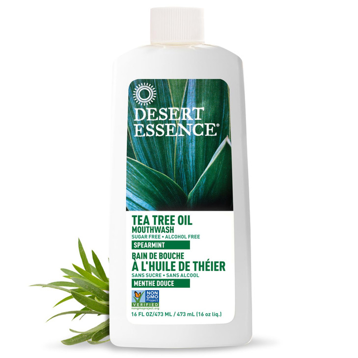 Desert Essence Tea Tree Oil Mouthwash Spearmint 16 fl oz Alcohol Free Sugar Free Gluten Free Vegan Cruelty Free NonGMO A
