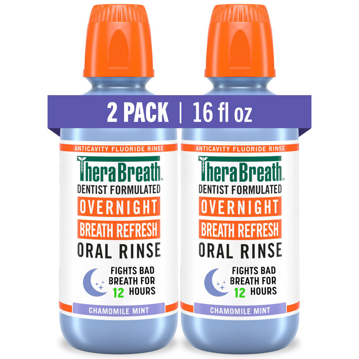 TheraBreath Overnight Mouthwash Fights Bad Breath for 12 Hours Chamomile Mint Flavor Dentist Formulated Fluoride Rinse A