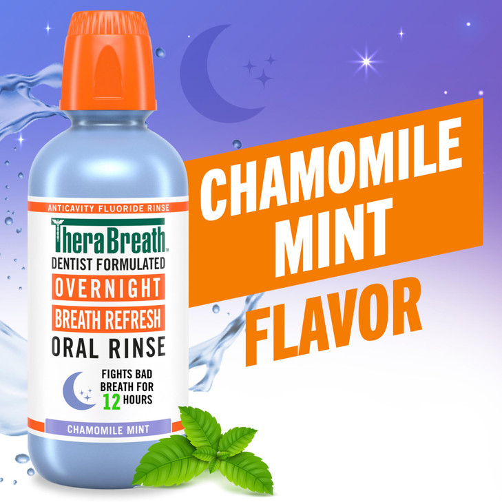 TheraBreath Overnight Mouthwash Fights Bad Breath for 12 Hours Chamomile Mint Flavor Dentist Formulated Fluoride Rinse A