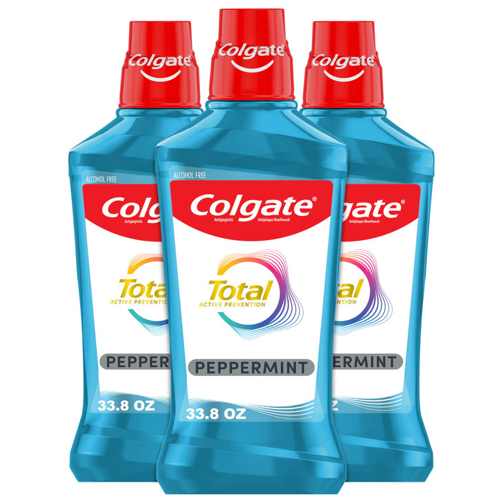 Colgate Total Alcohol Free Mouthwash Peppermint for Bad Breath Helps Prevent Gingivitis and Plaque 3 Pack 338 Oz Each
