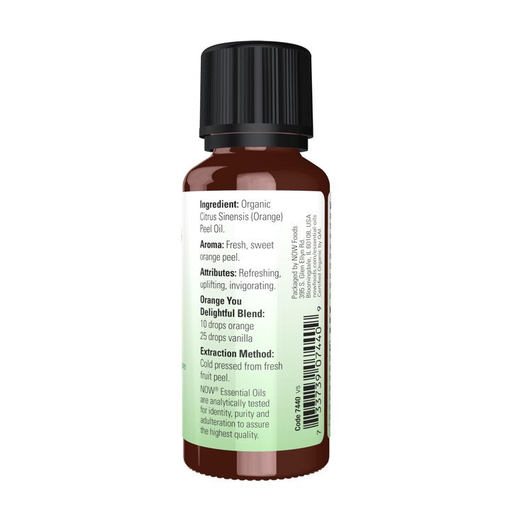 NOW Essential Oils, Organic Orange Oil, Uplifting Aromatherapy Scent, Cold Pressed, 100% Pure, Vegan, Child Resistant Cap, 1-Ounce
