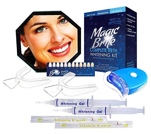 MagicBrite Complete Teeth Whitening Kit at Home Whitener LED Light 35 Carbamide Peroxide 2 Mouth Trays 3 3ml Gel Syringe
