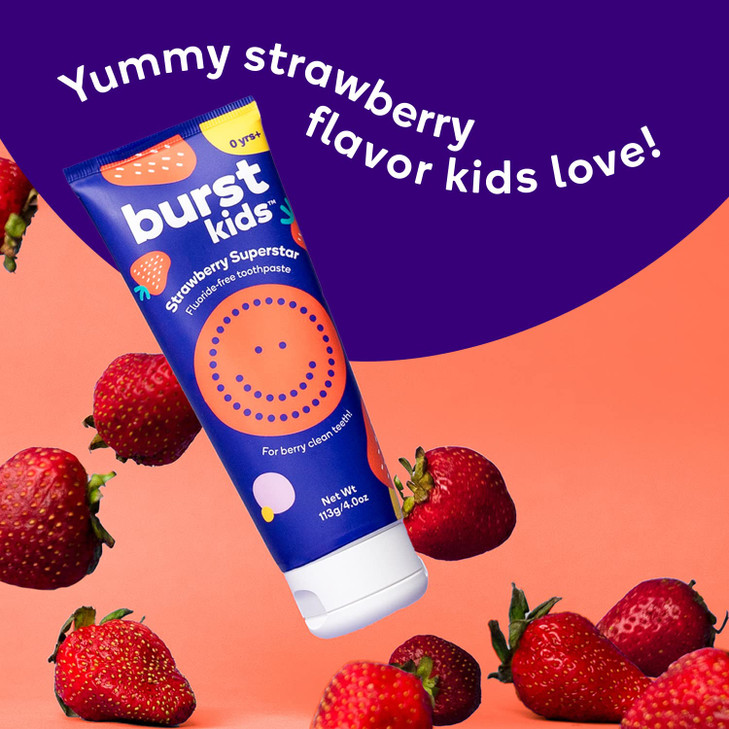 BURST Fluoride Free Strawberry Kids Toothpaste 4oz Great Tasting Dye Free for Baby Toddler Age 0 with Nano Hydroxyapatit