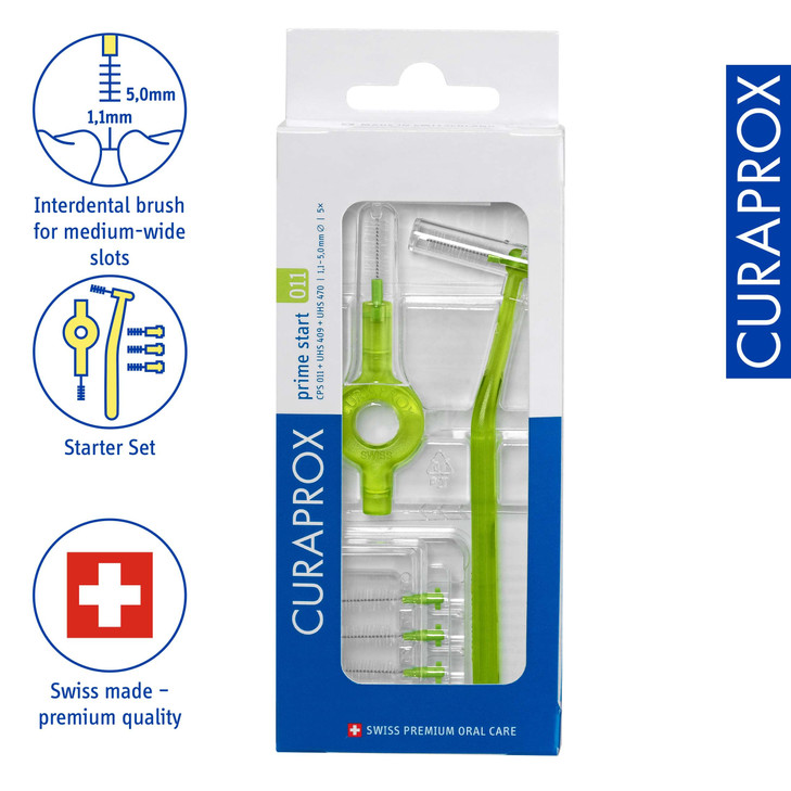 Curaprox Interdental Brush Starter Set CPS 011 Prime ISO Size 3 Green Includes 5 Brushes 2 Holders for Effective Cleanin