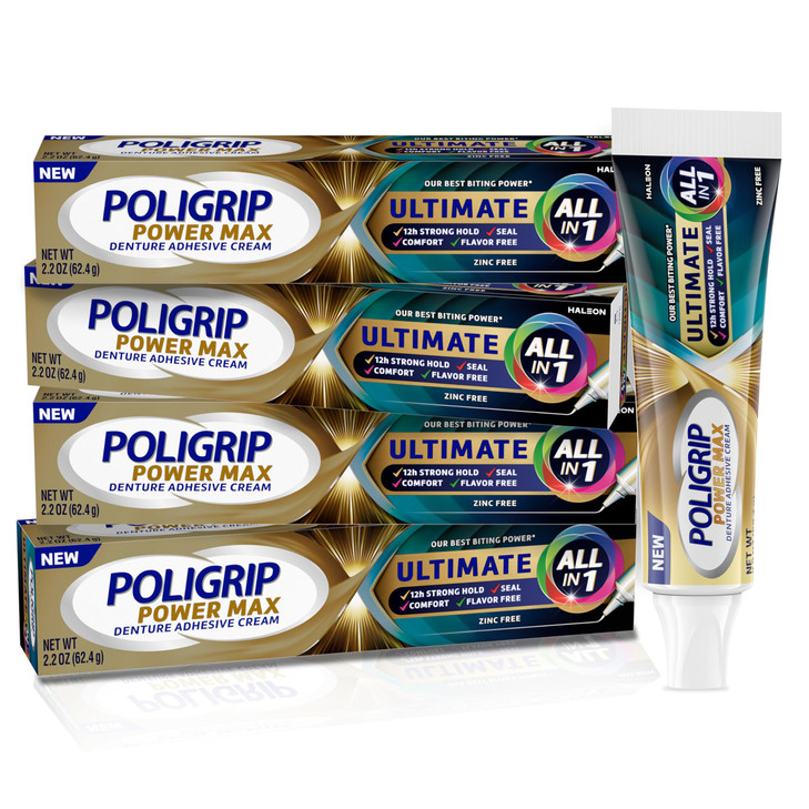 Poligrip Power Max Ultimate Allin1 Denture Adhesive Cream Zinc Free 22 oz 4 Pack