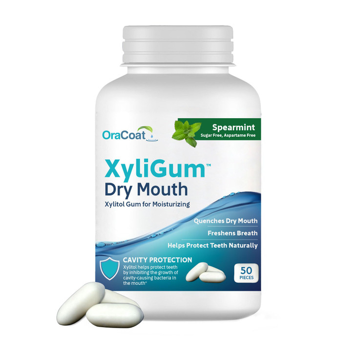 OraCoat XyliGum Dry Mouth Sugar Free Gum 50 Piece Bottle Spearmint Chewing Gum with Xylitol for Dry Mouth Helps Stimulat